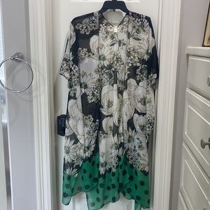 Kimono from Cato’s. Sheer floral with gold pinstripes, off-white floral polkadot